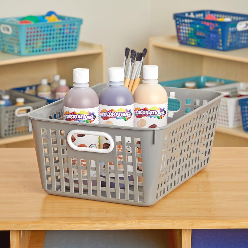 Really Good Stuff - 160016PE Multi-Purpose Plastic Storage Baskets for Classroom or Home Use - Stackable Mesh Plastic Baskets with Grip Handles 13" x 10" (Pebble - Set of 12) - Image 2